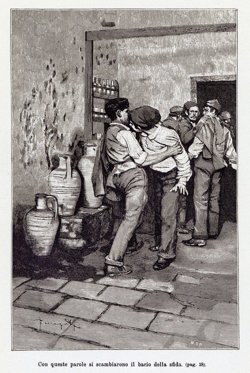 Pozvání na sicilský souboj smrtelným „polibkem“, vlastně kousnutím do ucha. Ilustrace Arnalda Ferragutiho k nové „" Cavalleria Rusticana "" od Giovanniho Vergy. 1897 od Arnaldo Ferraguti