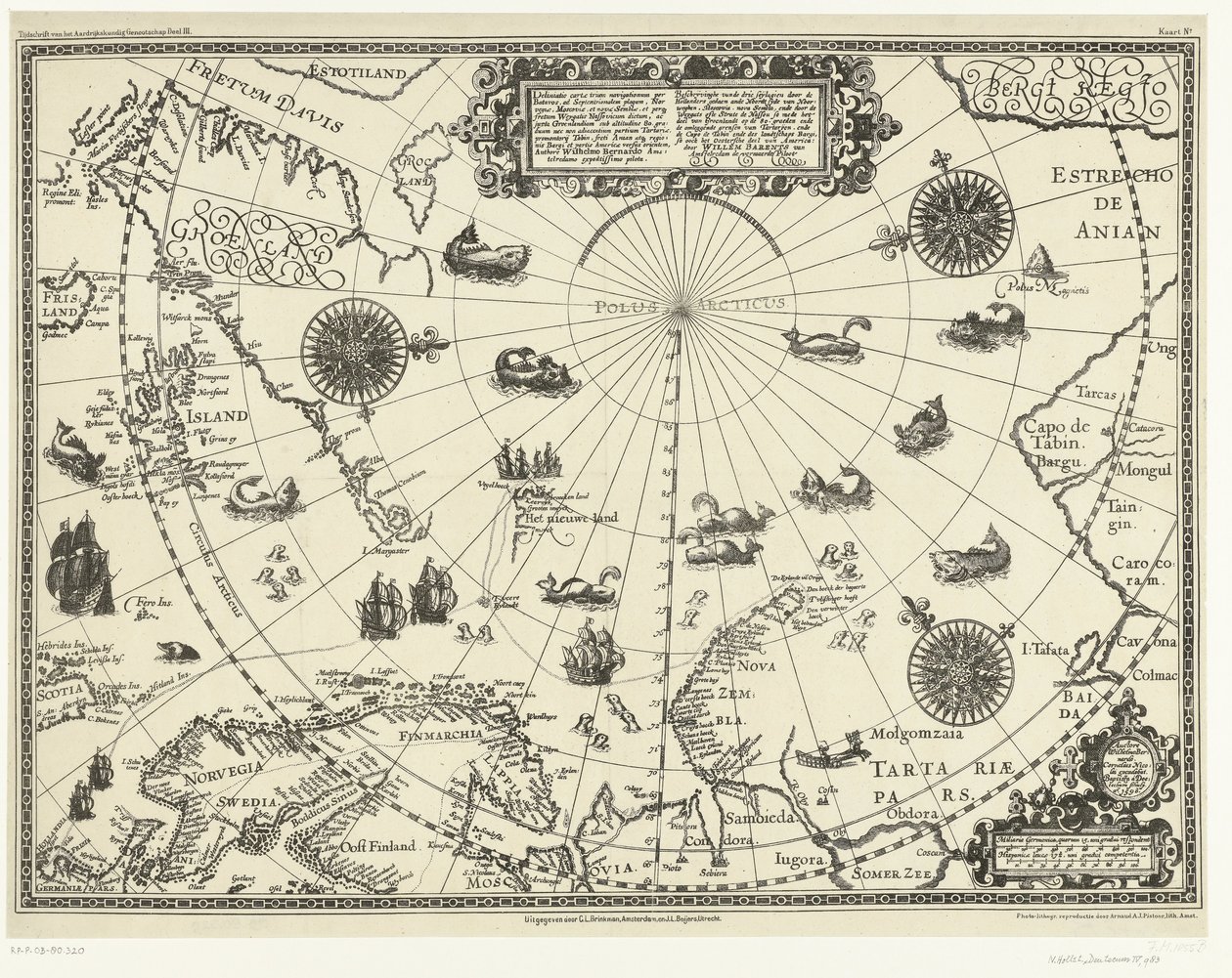 Mapa zemí kolem polárního kruhu zobrazující tři cesty Holanďanů, 1598 Popis tří seylagien, které provedli Holanďané a Noordt syde van Noorweghen, Moscovia, nova Sembla a přes část Groenlandt na 80. stupních od Arnaud A.J. Pistoor