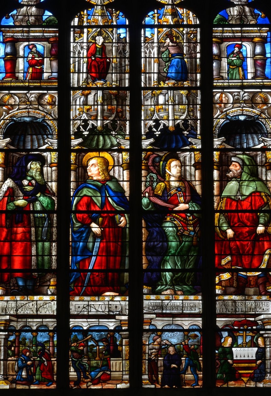 Svatý Matyáš (Mathias), Ezra (nebo Ezra), prorok Habakuk (nebo Habakuk) a Sibylle Tiburtine (nebo Albunea z Tiburu) - Vitráže kaple Umučení Arnauda de Moles (1470-1520) dokončena v roce 1513 - Katedrála Panny Marie z Auchu (něm od Arnaud de Moles