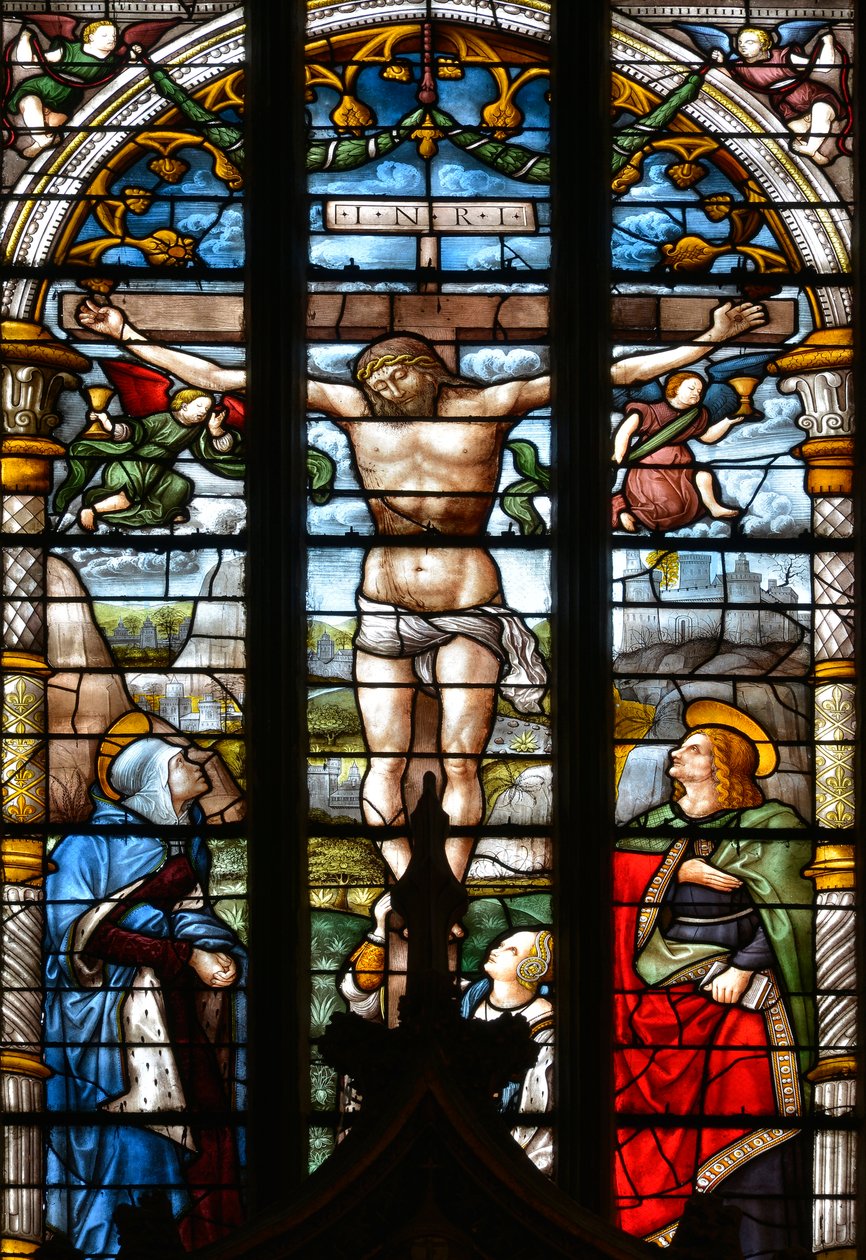 Ukřižování s Pannou Marií, svatým Janem a Máří Magdalenou u paty kříže - Vitráže v kapli Nejsvětější Svátosti, od Arnauda de Moles (1470-1520) dokončena v roce 1513 - Cathedrale Sainte Marie d