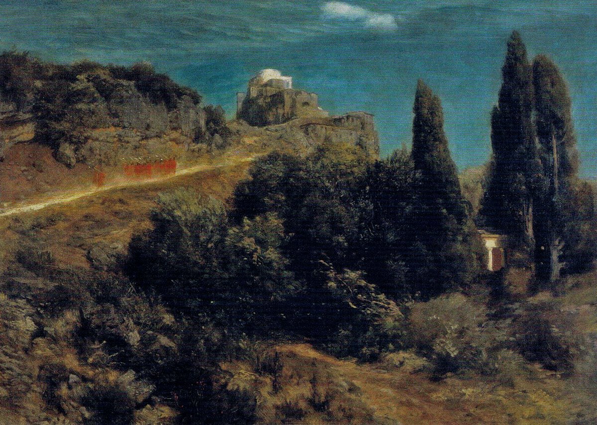 Horský hrad s válečníky od Arnold Böcklin