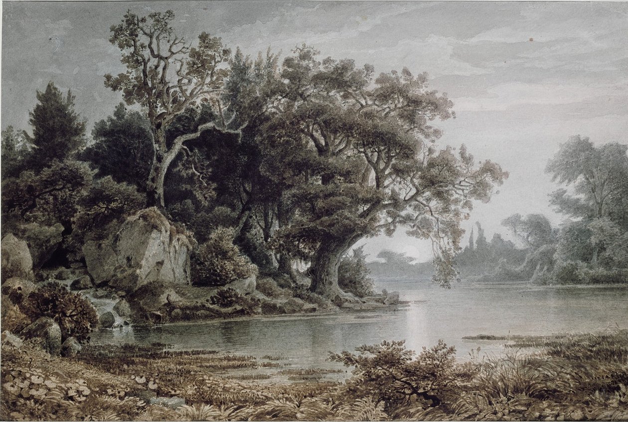 Lesní krajina u vody s vycházejícím měsícem od Arnold Böcklin