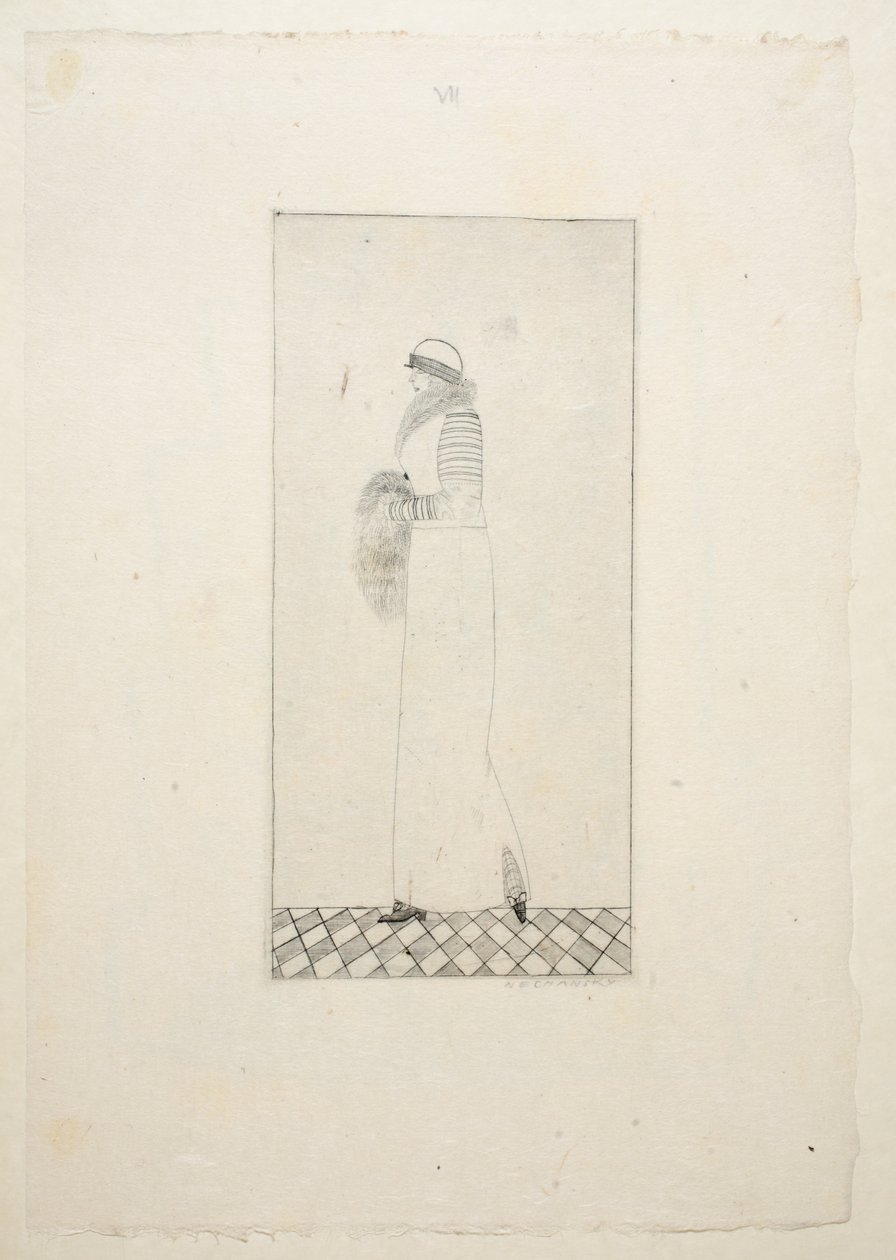 Návrh denních šatů, deska 7, kniha 1, ilustrace z Wiener Werkstatte Mode 191415, vyd. Eduard Kosmack, Vídeň, 1914-1915 (ručně kolorovaný linoryt). od Arnold Nechansky