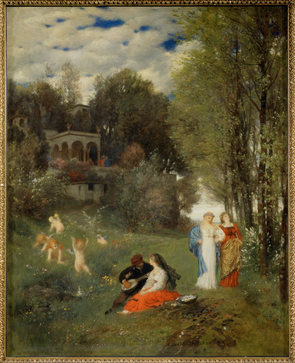 Ideale Fruehlingslandschaft - Ideální jarní krajina... (malba na plátně) od Arnold Böcklin