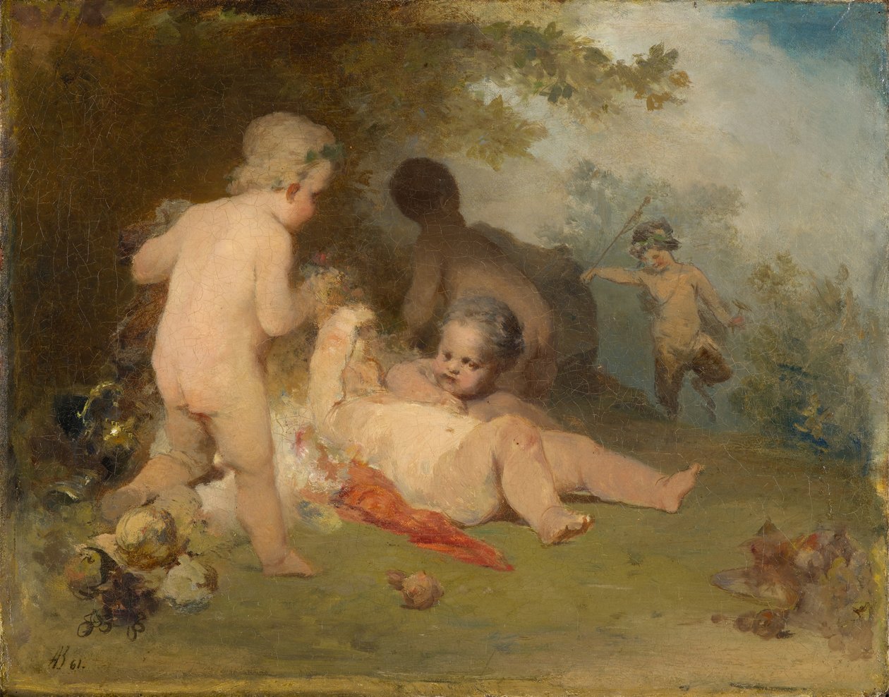 Putti a mladý satyr v lesní rokli od Arnold Böcklin