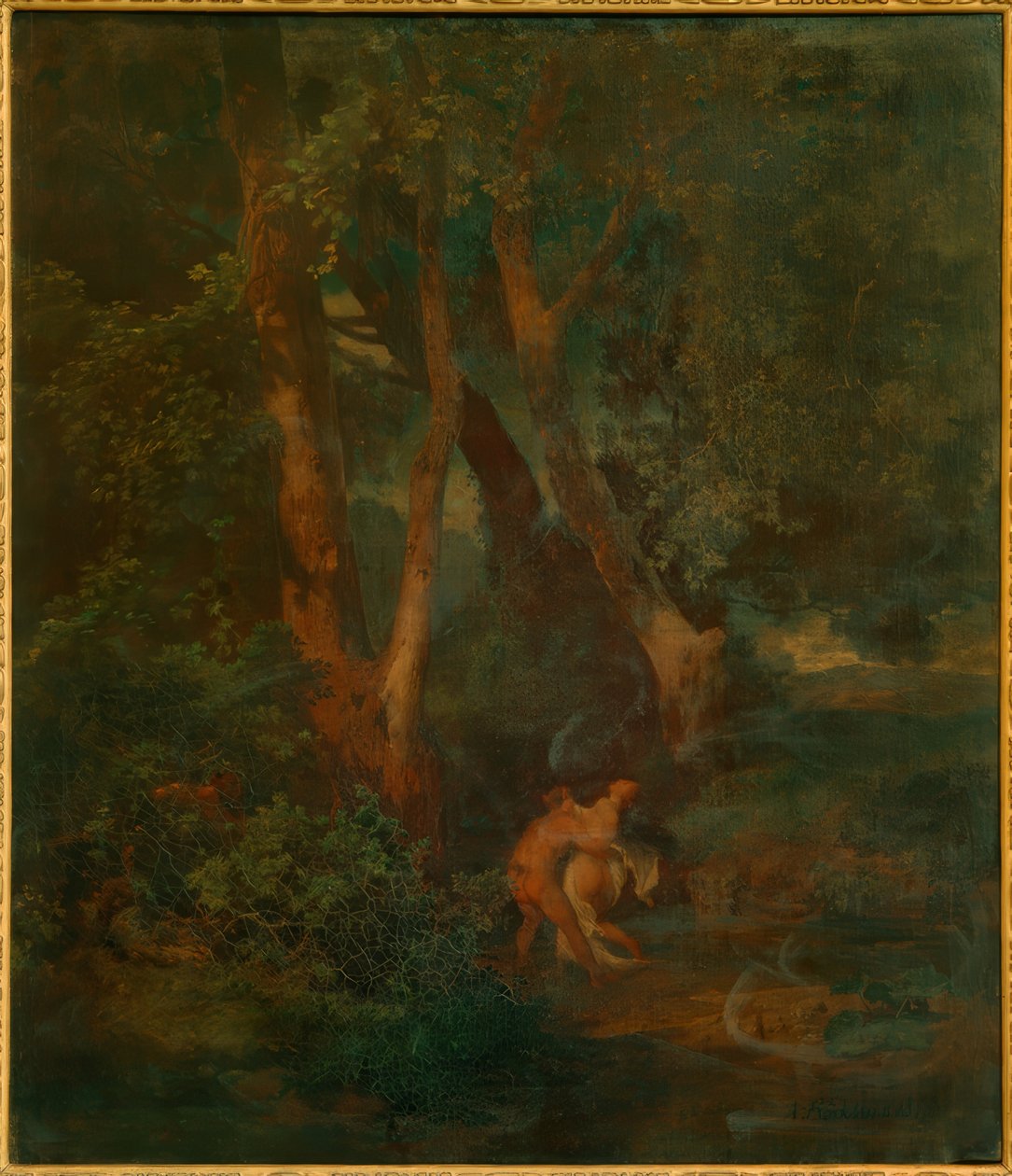 Okraj lesa s faunem a nymfou (nebo faunem, jeden zápasící od Arnold Böcklin