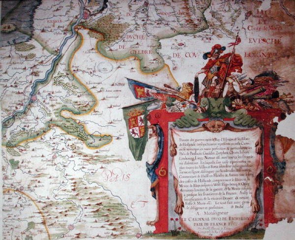 Kartuše s věnováním kardinálu Richelieu (1585-1642) a mapa Nízkých zemí v době třicetileté války (1618-48), z 