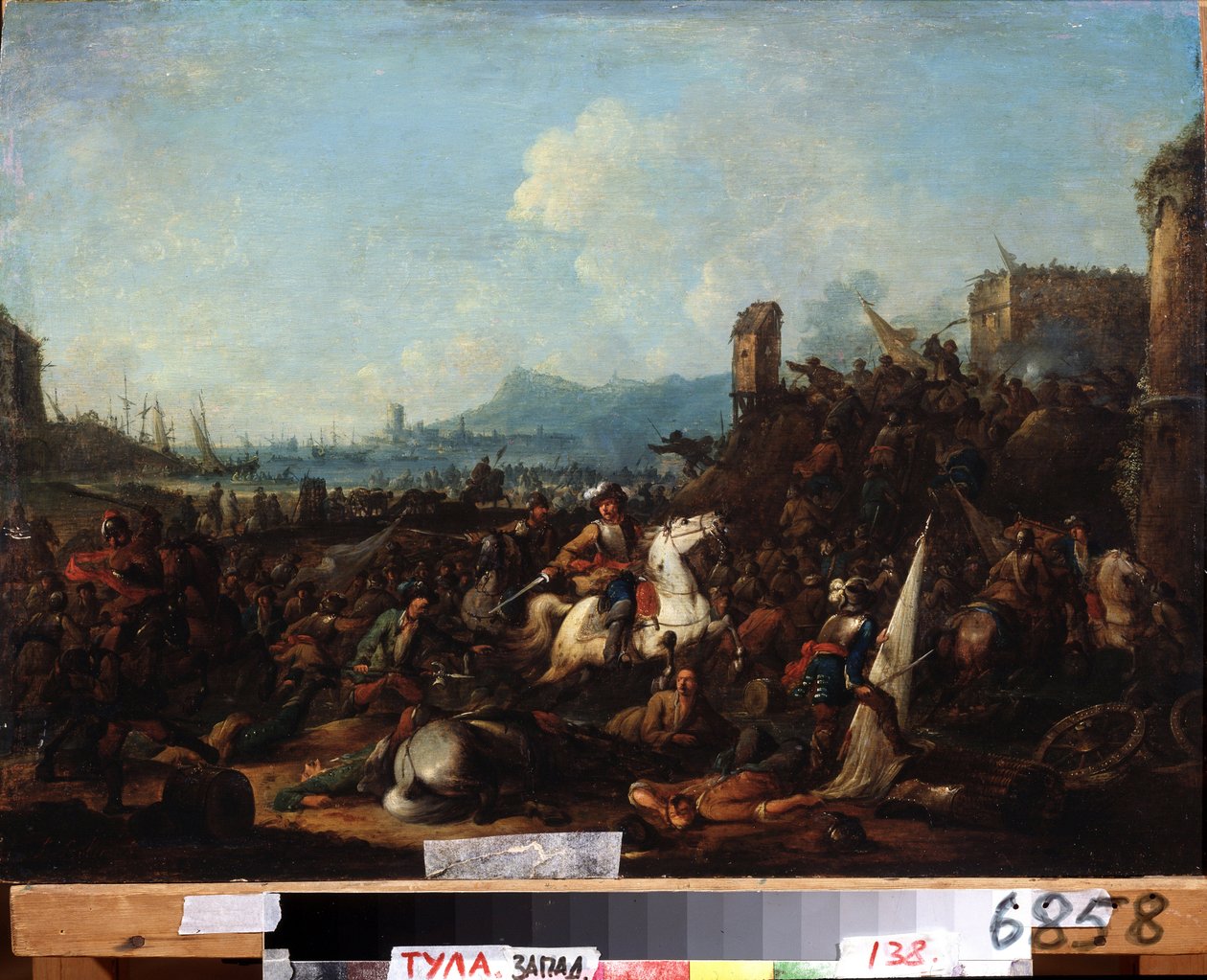 Obležení La Rochelle, říjen 1628 (Obležení La Rochelle v říjnu 1628). Obraz Arnolda Franse Rubense (1687-1719). Olej na dřevě, 39,5 x 57 cm. Vlámské umění, barokní styl. Státní muzeum umění, Tula (nebo Tolan). od Arnold Frans Rubens