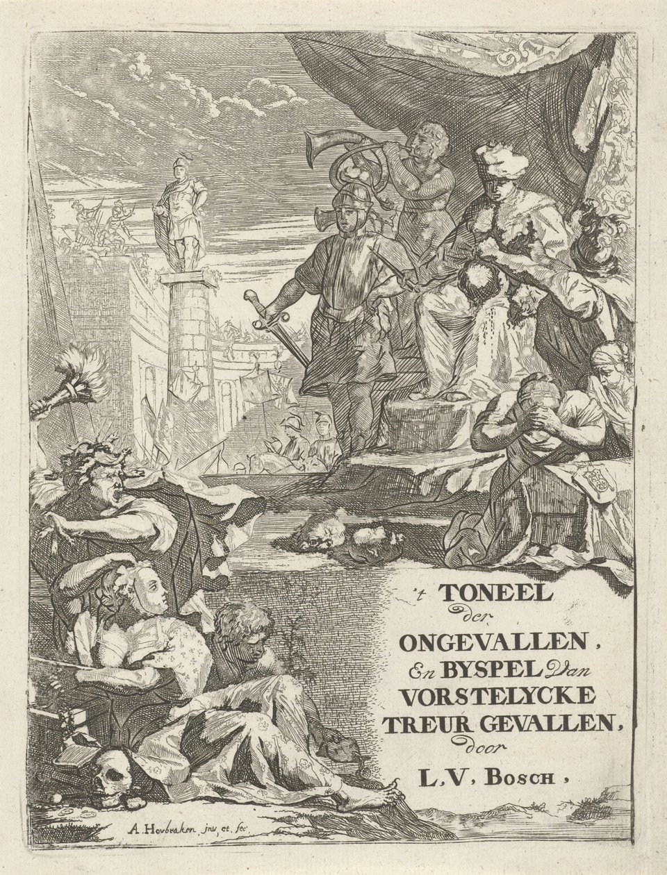 Uříznuté hlavy pro panovníka na trůnu Titulní strana pro: L. van den Bos, Divadlo nehod a vedlejší hra vorstelyckeho smutku, 1699 od Arnold Houbraken