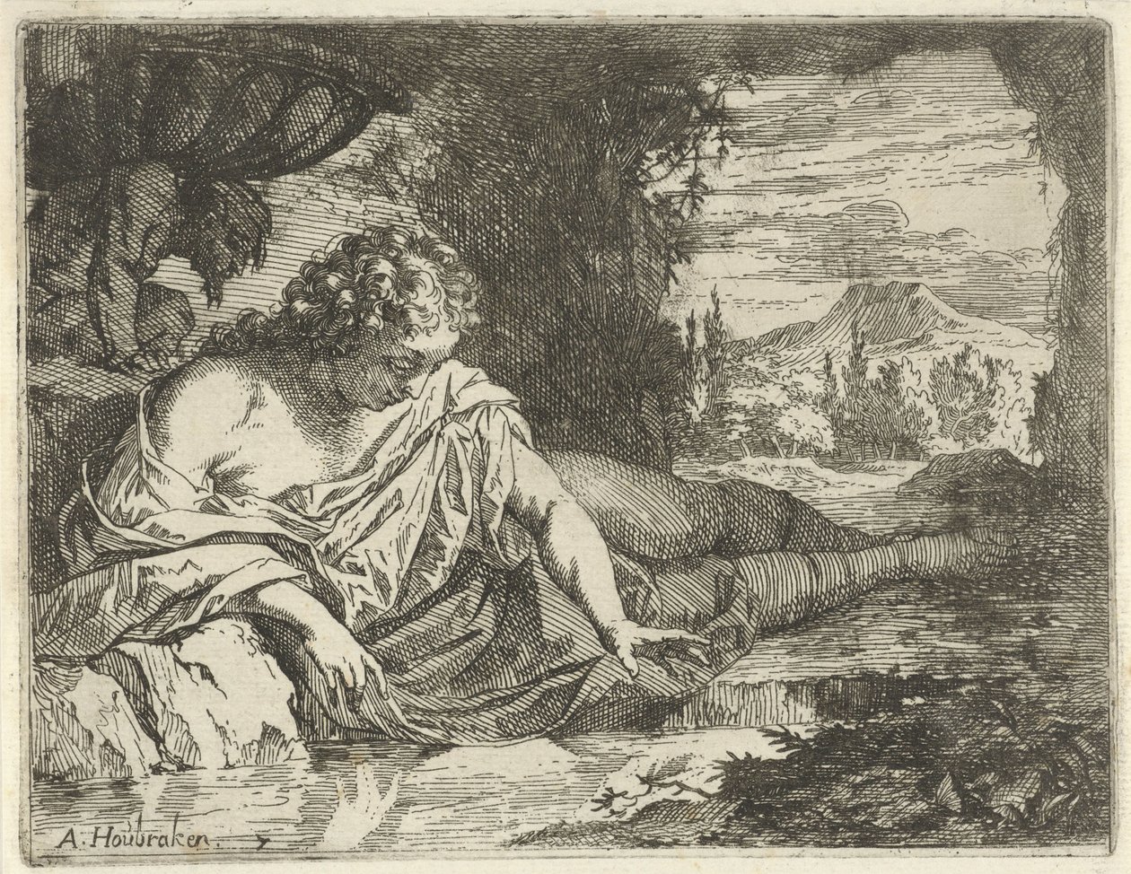 Narcis Scéna soch hříchů otevřena ve službách malířů, držitelů soch atd. (název série) od Arnold Houbraken
