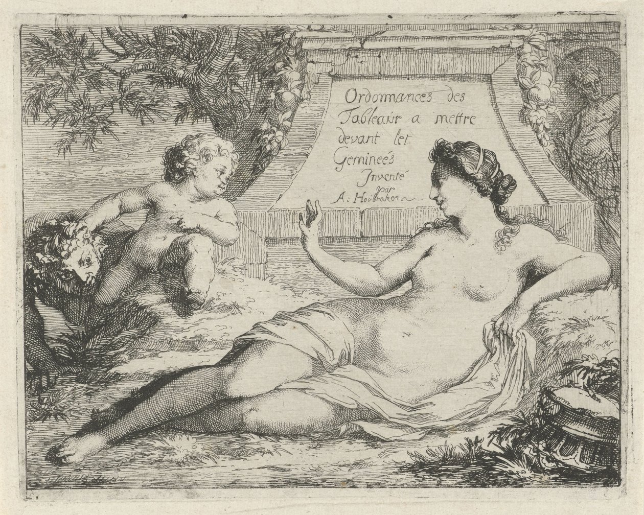 Venuše špehovaná satyrem Ordonnances des tableaux a mettre devant les Gemineés (název na objektu) Scéna soch hříchů otevřena ve službách malířů, držitelů soch atd. (název série) od Arnold Houbraken