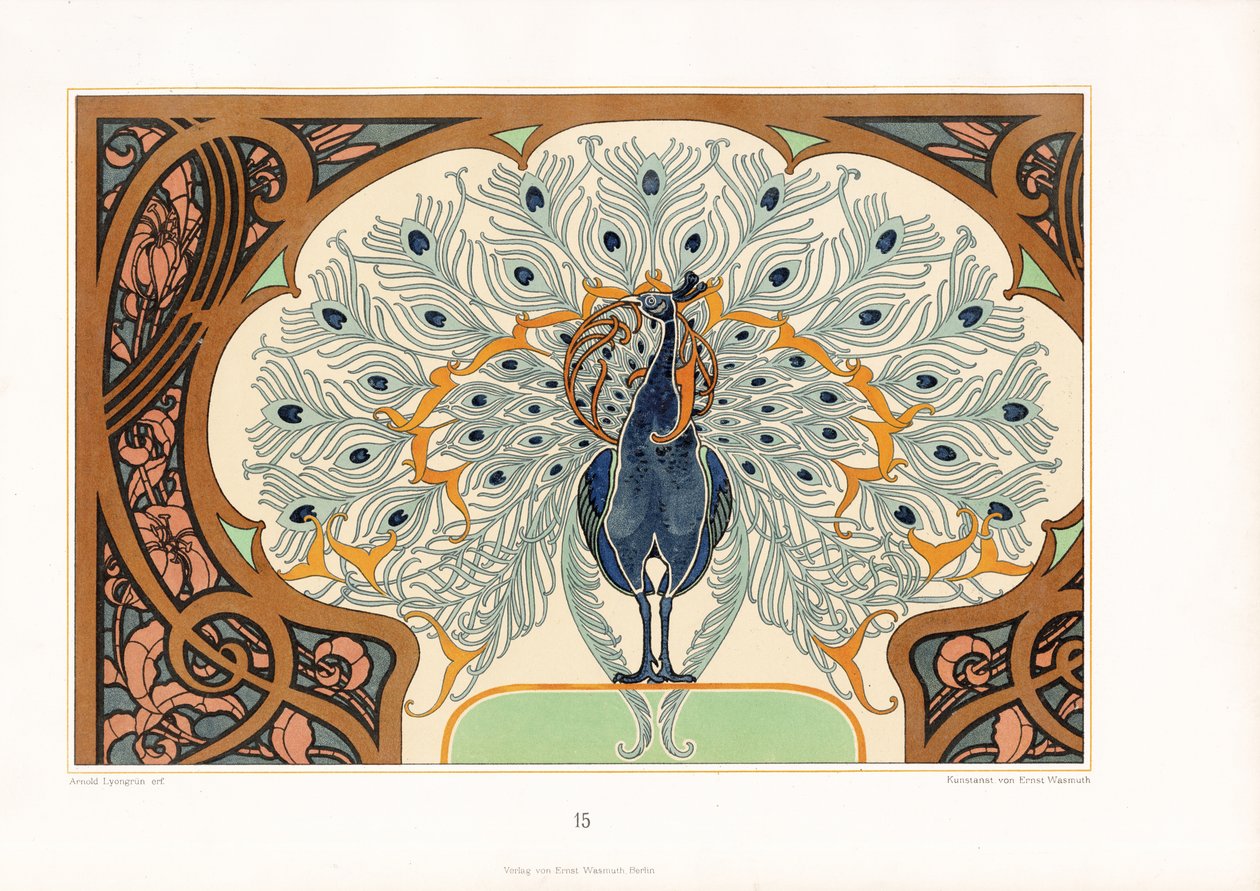 Páv v ornamentálním orámování se secesním dekorem (litografie) od Arnold Lyongrün