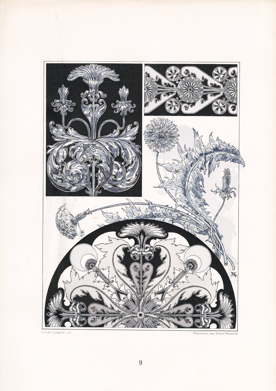 Stylizované ornamenty bodláků v černé a bílé barvě (litografie) od Arnold Lyongrün