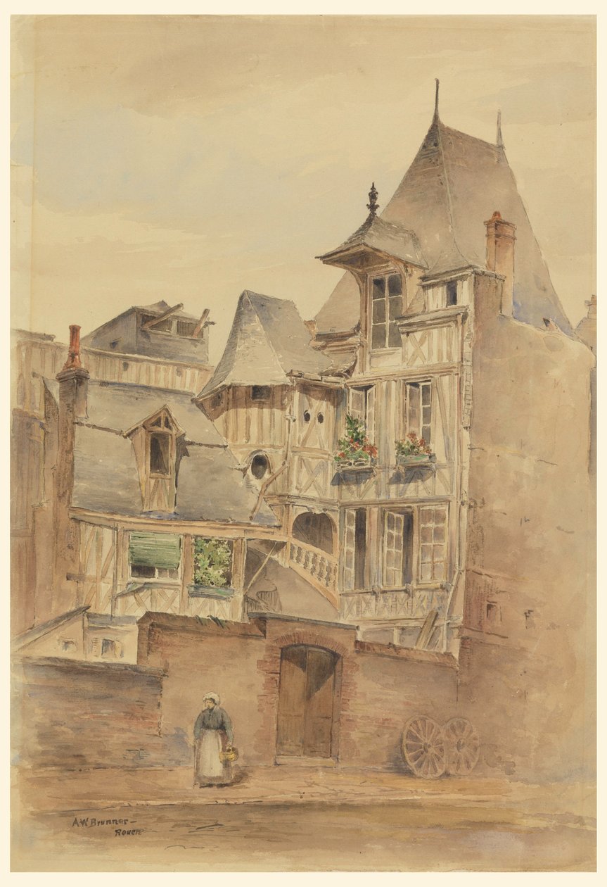 Kresba, Uliční scéna se středověkými domy, asi 1885 od Arnold William Brunner