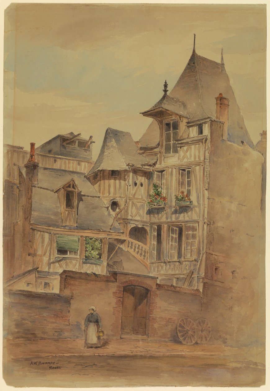 Kresba, Uliční scéna se středověkými domy, asi 1885 od Arnold William Brunner
