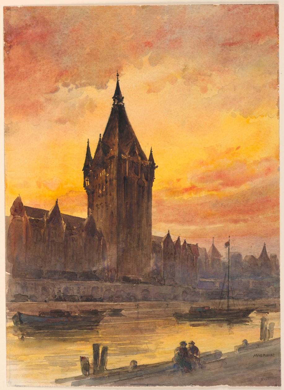Západ slunce nad věží a řekou od Arnold William Brunner