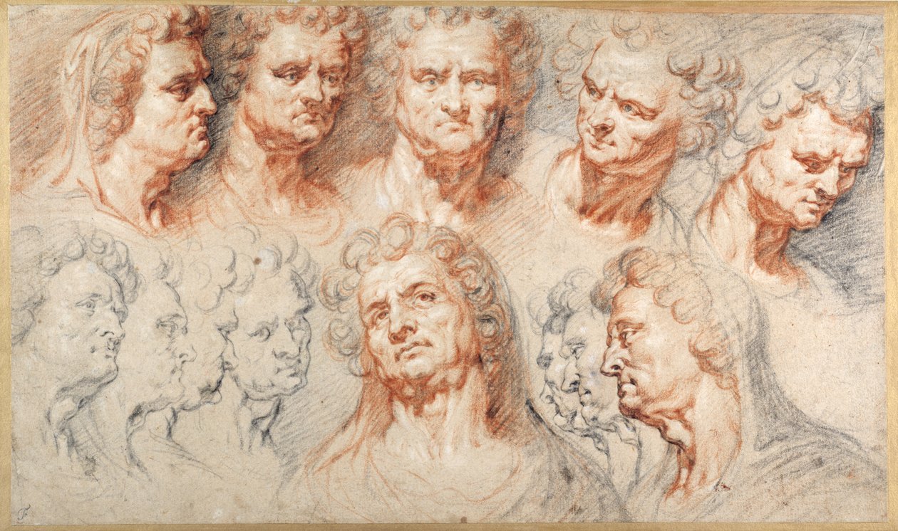 Třináct studií založených na římské císařské hlavě (černé a červené křídy s hnědým inkoustem na bílém papíře) od Arnold or Artus the Elder Quellin I