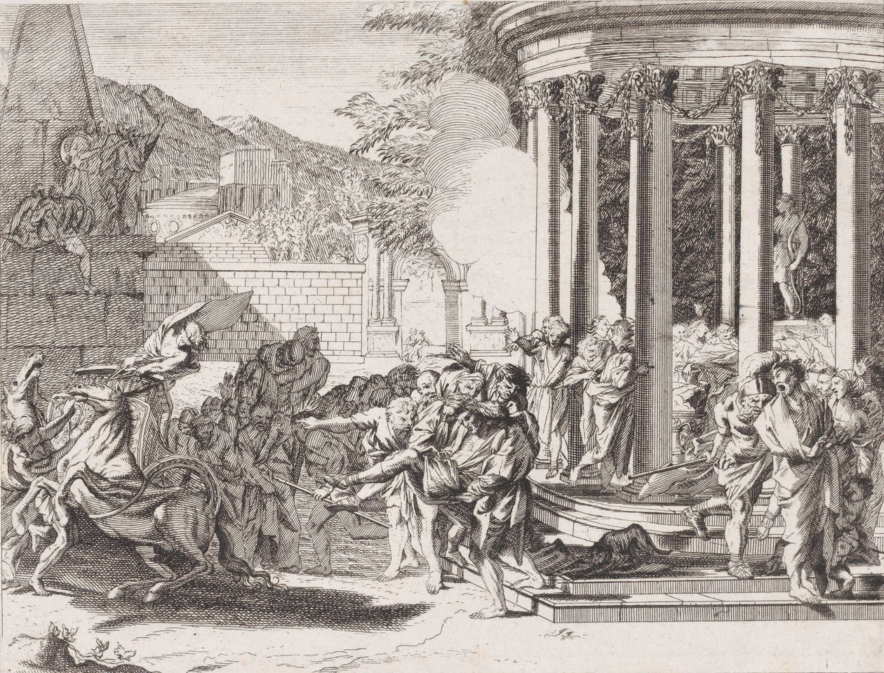 Sinorix byl vynášen z chrámu poté, co byl otráven, 1650-1700. od Arnold van Westerhout.