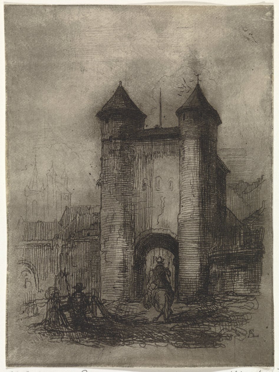 Pohled na Helpoort v Maastrichtu při pohledu z pole Porte du Jaer (název na objektu) od Arnoud Schaepkens