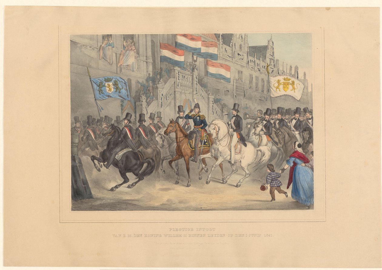 Vstup krále Viléma II do Leidenu, 1841 Slavnostní intogt HM den Koning Willem II v Leydenu dne 1. června 1841 (název na předmětu) od Arnz and Co.