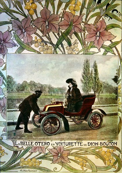 La Belle Otero za volantem vozu De Dion-Bouton, kolem roku 1900 od Arsene Herbinier