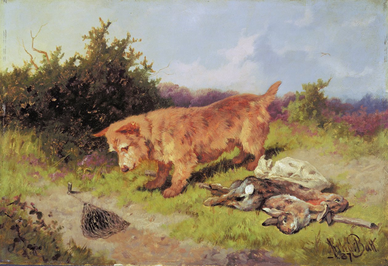 Teriér sleduje past na králíky, 1887 (olej na mangálsku) od Arthur Batt