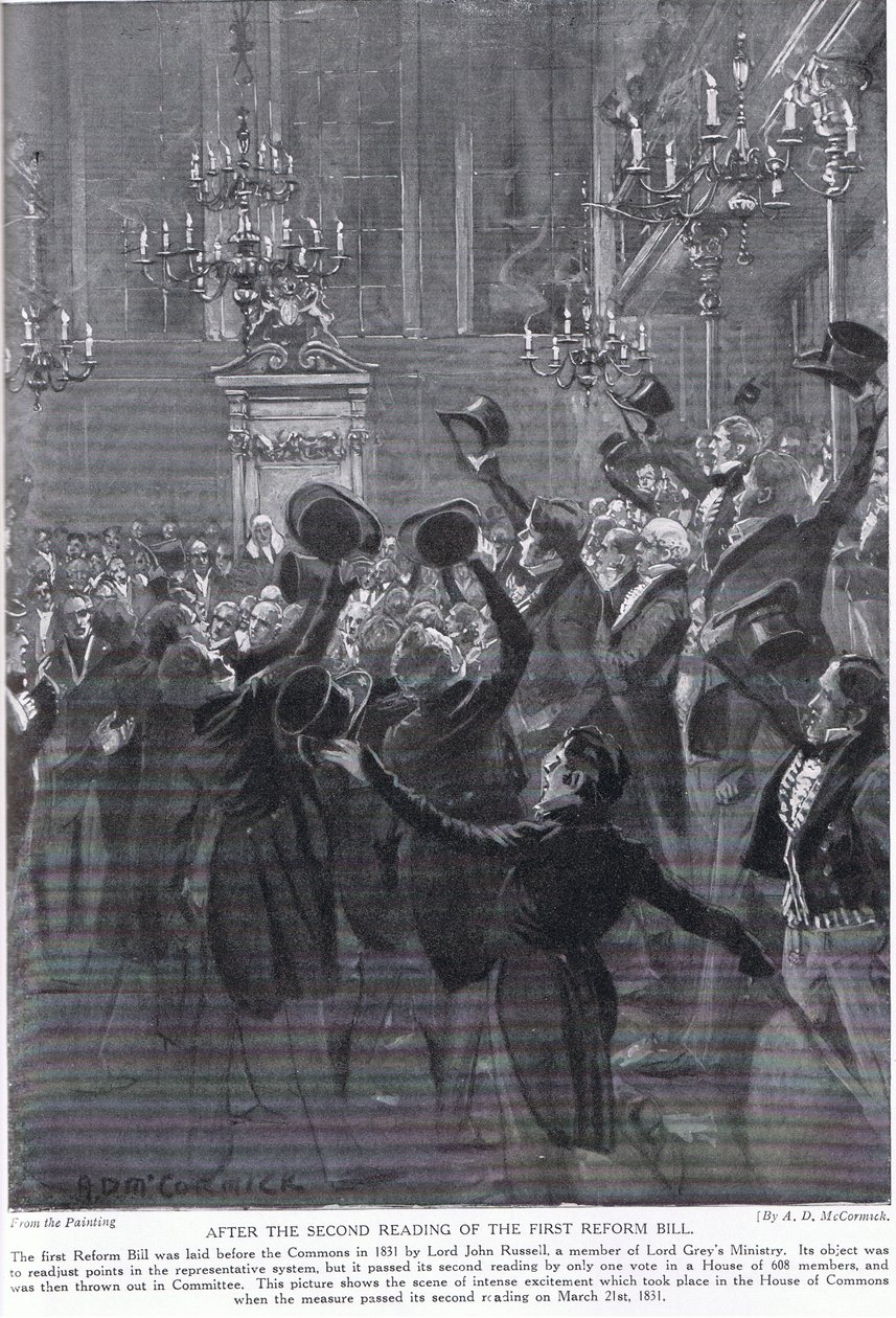 Po druhém čtení zákona o první reformě, ilustrace z „Hutchinsonova příběhu britského národa“ od Arthur David McCormick