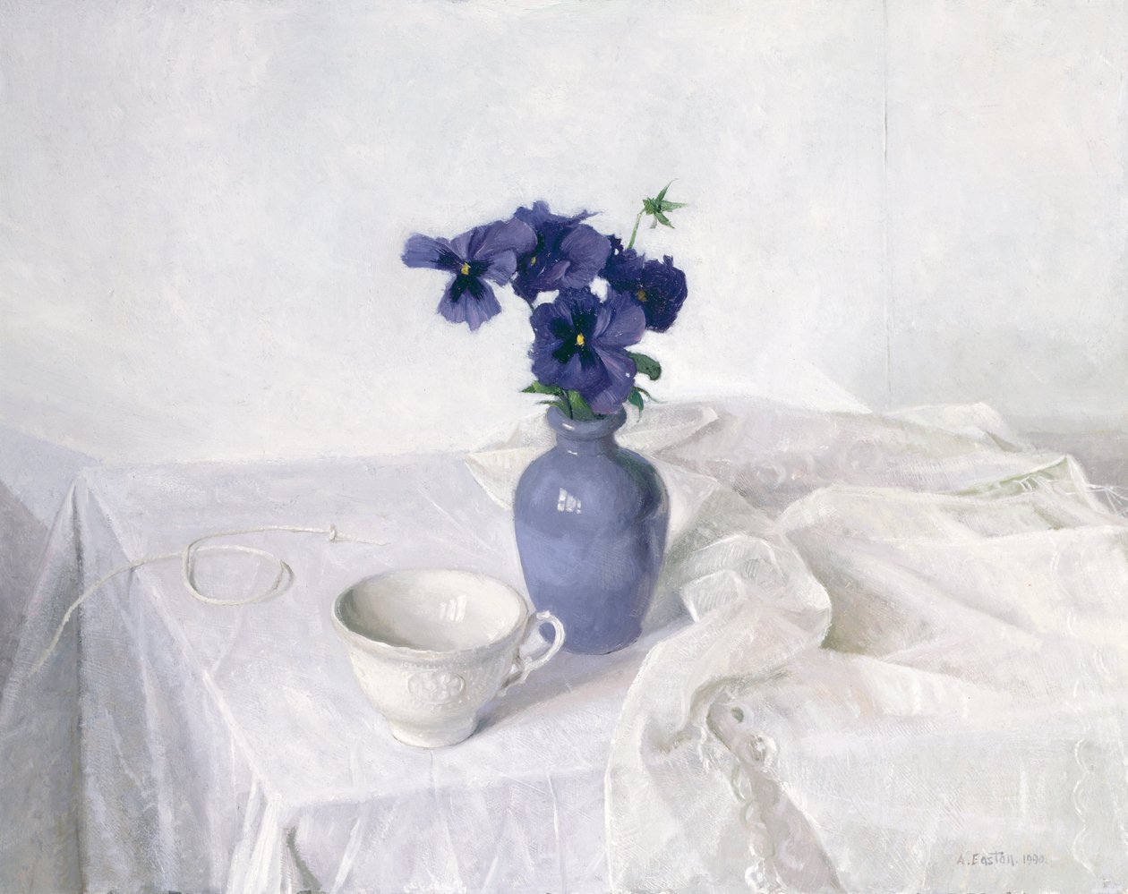 Macešky v modré váze, Zátiší, 1990 od Arthur Easton