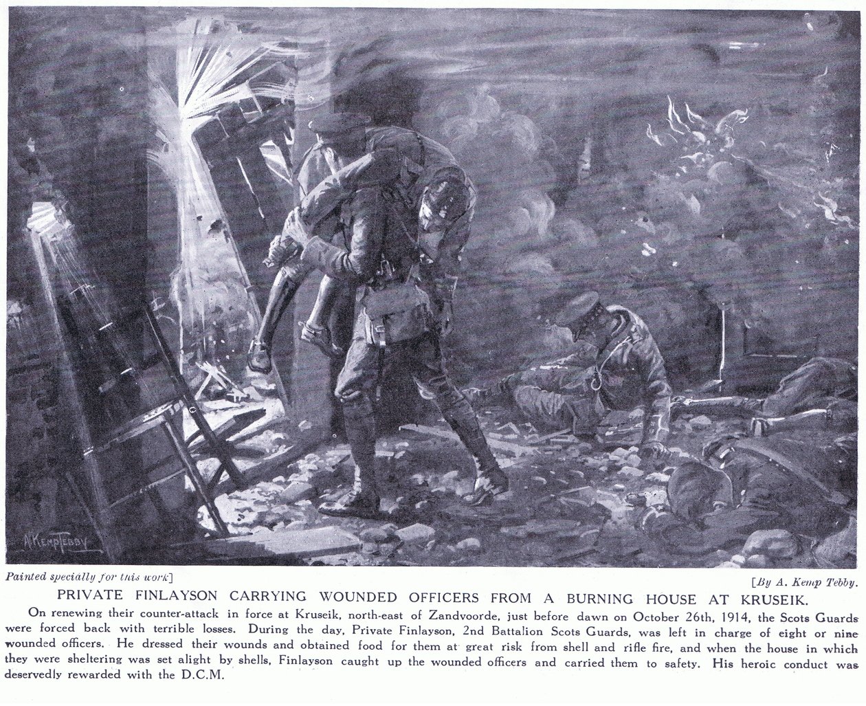 Vojín Finlayson získal DCM za vynášení zraněných důstojníků z hořícího domu v Kruseiku v říjnu 1914 (černobílá fotografie) od Arthur Kemp Tebby