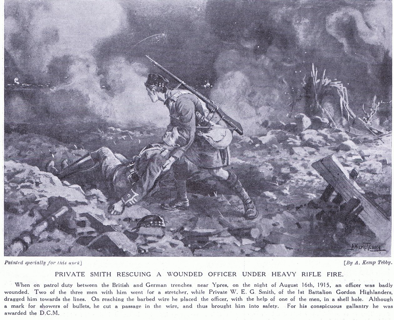 Vojín Smith za záchranu zraněného důstojníka pod silnou palbou vyznamenán DCM Ypres srpna 1915 od Arthur Kemp Tebby