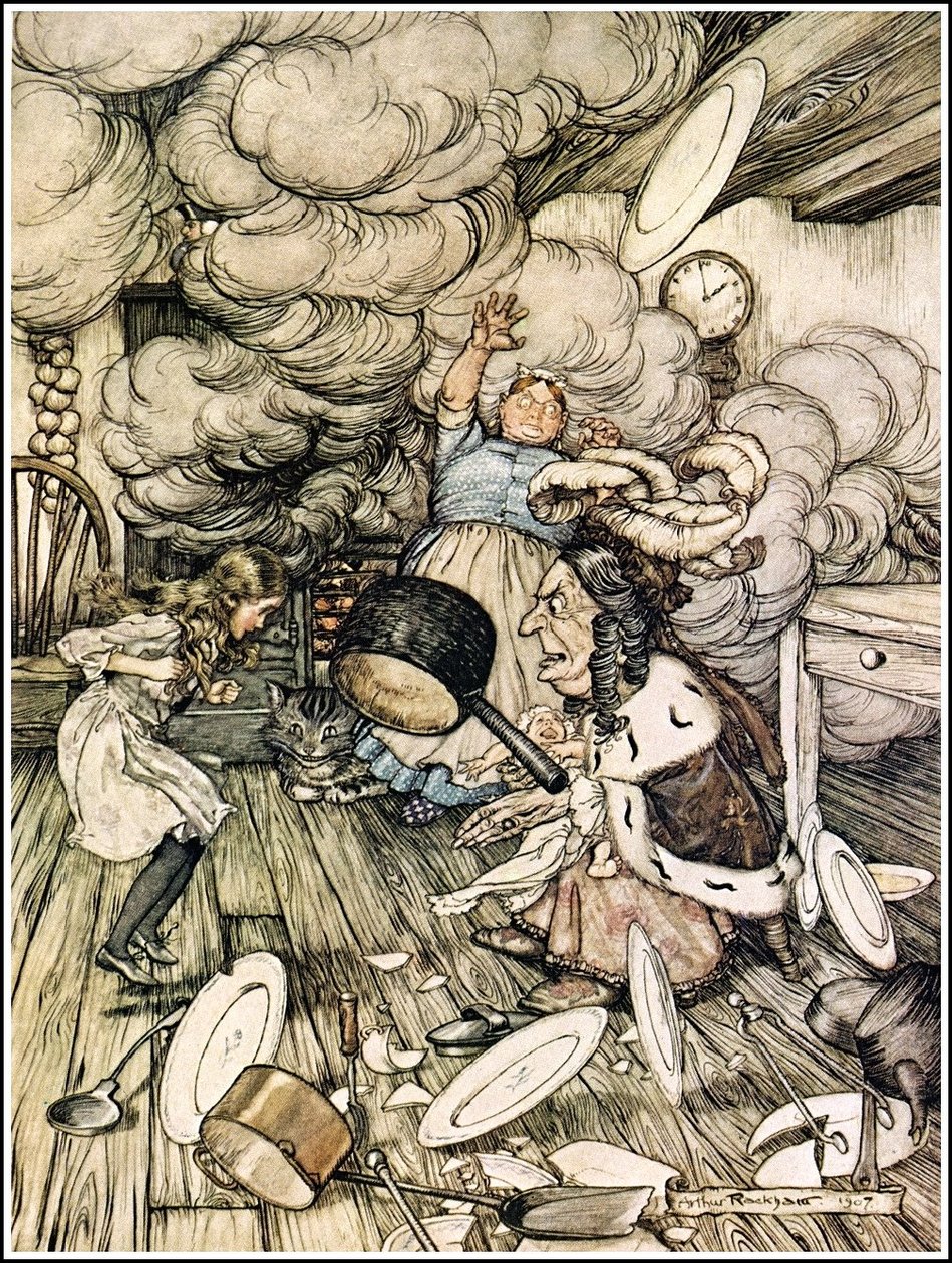 Alices Adventures in Wonderland - V jeho blízkosti letěl neobvykle velký kastrol a téměř ho unesl od Arthur Rackham