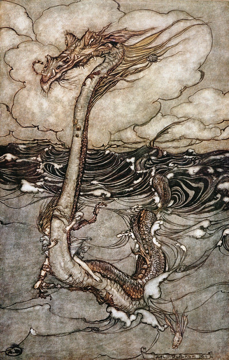 Mladá dívka na mořském hadovi, 1904 od Arthur Rackham