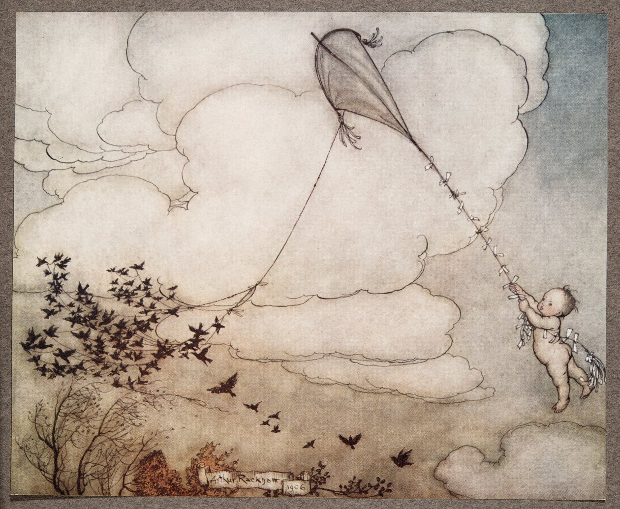 Stovka odletěla s provázkem a Peter se držel ocasu, od Petera Pana v Kensington Gardens od J. M. Barrieho (1860 - 1937), hospoda. 1906 od Arthur Rackham