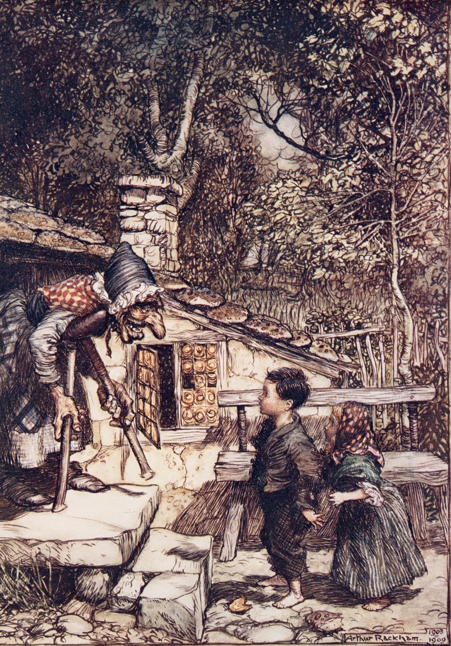Najednou se otevřely dveře a z hospody Pohádky bratří Grimmů vystoupila stará stará žena, podpírající se o berli. 1909 od Arthur Rackham