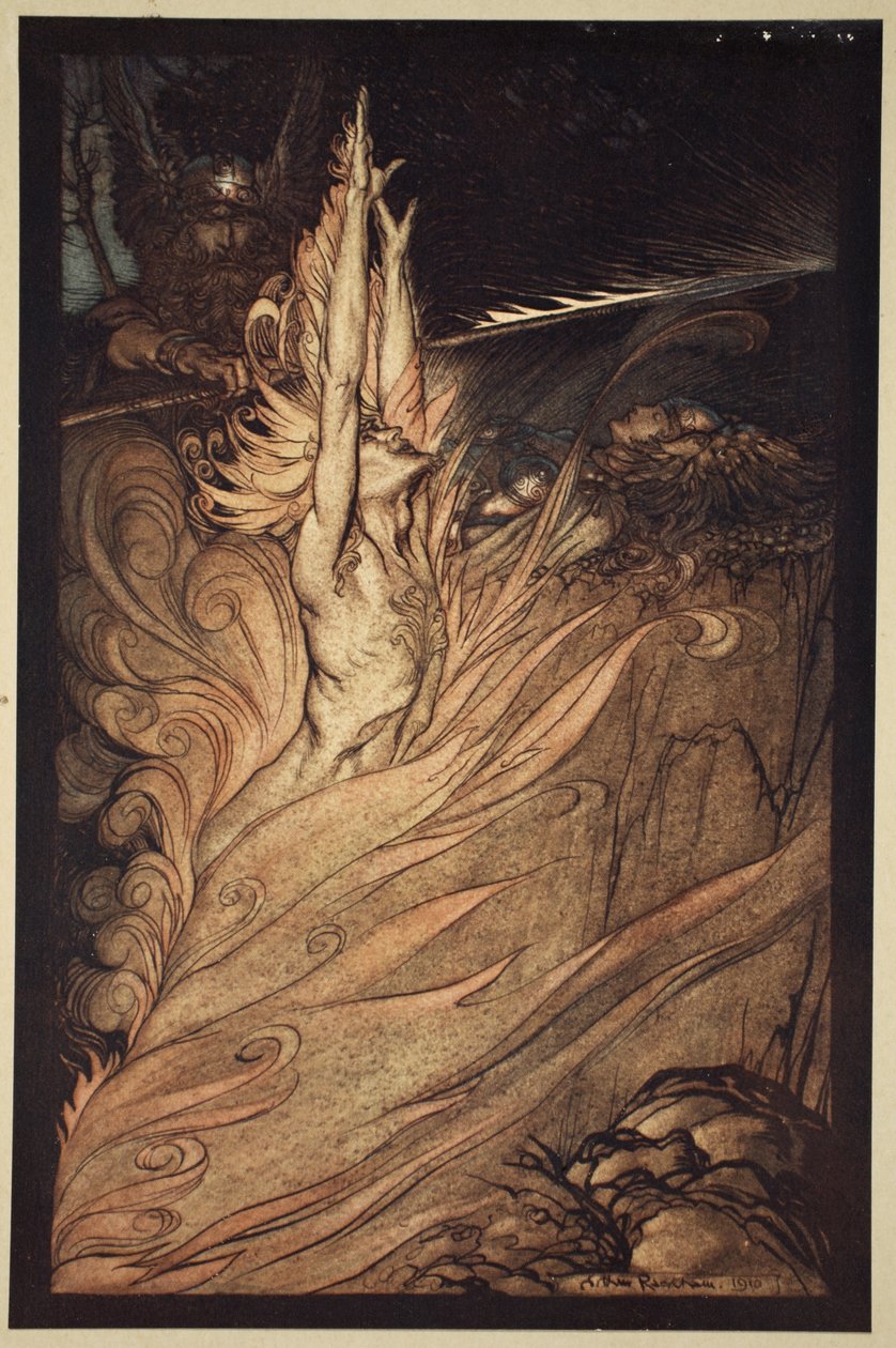 „Zjev se, plápolající oheň, obklič skálu svým plamenem! Loge! Loge! Objevte se!“, ilustrace z „The Rhinegold and the Valkyrie“, 1910 od Arthur Rackham