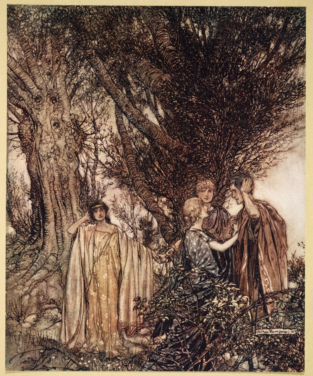 ..Jsi si jistý, že jsme vzhůru Zdá se mi, že ještě spíme, sníme, ilustrace ze „Snu nocí svatojánských“ od Williama Shakespeara, 1908 od Arthur Rackham