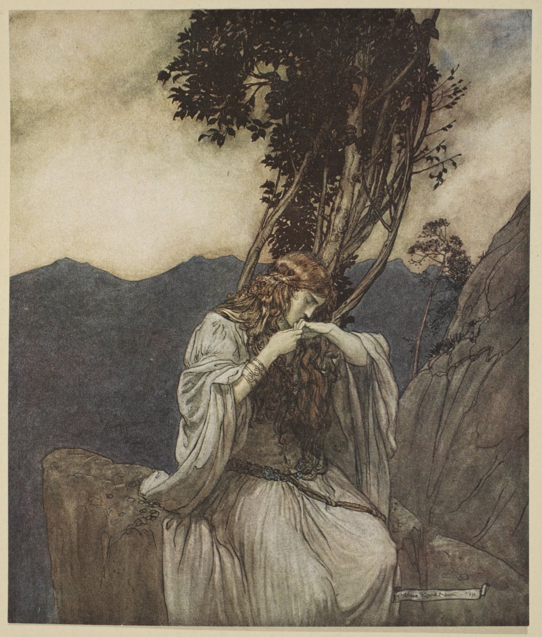 Brunnhilde líbá prsten, který jí Siegfried zanechal, ilustrace z „Siegfried a soumrak bohů“, 1924 od Arthur Rackham