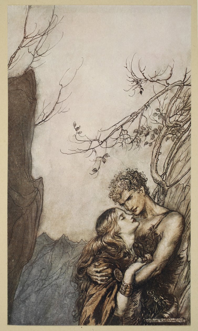 Brunnhilde se vrhá do Siegfriedovy náruče, ilustrace z „Siegfried a soumrak bohů“, 1924 od Arthur Rackham