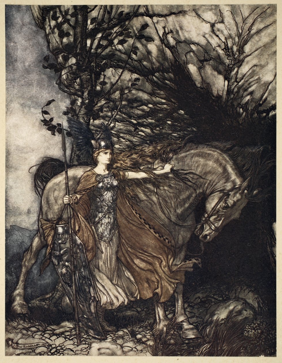 Brunnhilde s koněm u ústí jeskyně, ilustrace z 