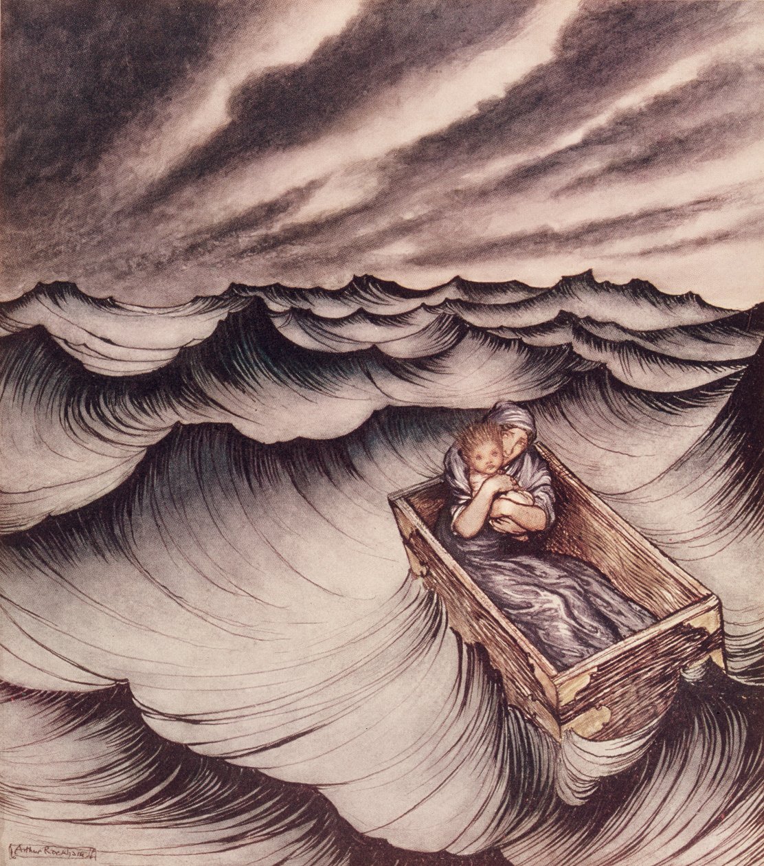 Danae a její syn Perseus vložili truhlu a hodili do moře, 1914 od Arthur Rackham