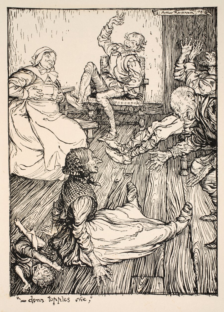 ..Dole svrhává ona, ilustrace ze „Snu nocí svatojánských“ od Williama Shakespeara, 1908 od Arthur Rackham