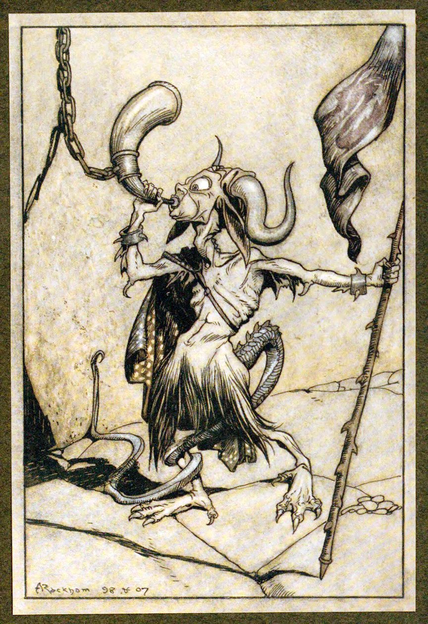 Předtím se na klakson u brány Barbakánské věže zatroubil hlasitou silou dvaceti trubek z hospody The Ingoldsby Legends. 1907 od Arthur Rackham