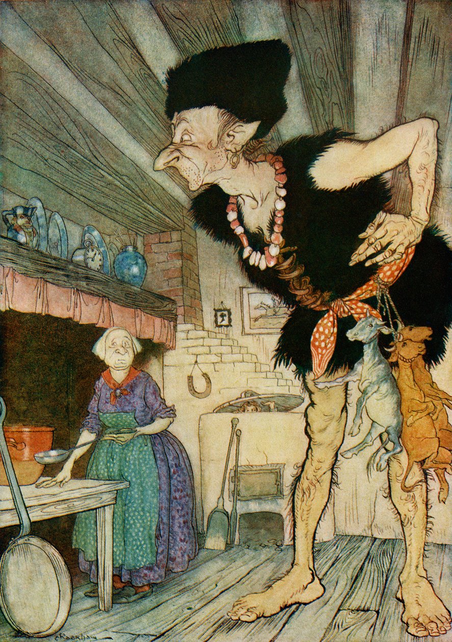 Fee fi fo fum Cítím krev Angličana, ilustrace z Jack and the Beanstalk z English Fairy Tales Retold od F.A. Steel, 1927 od Arthur Rackham