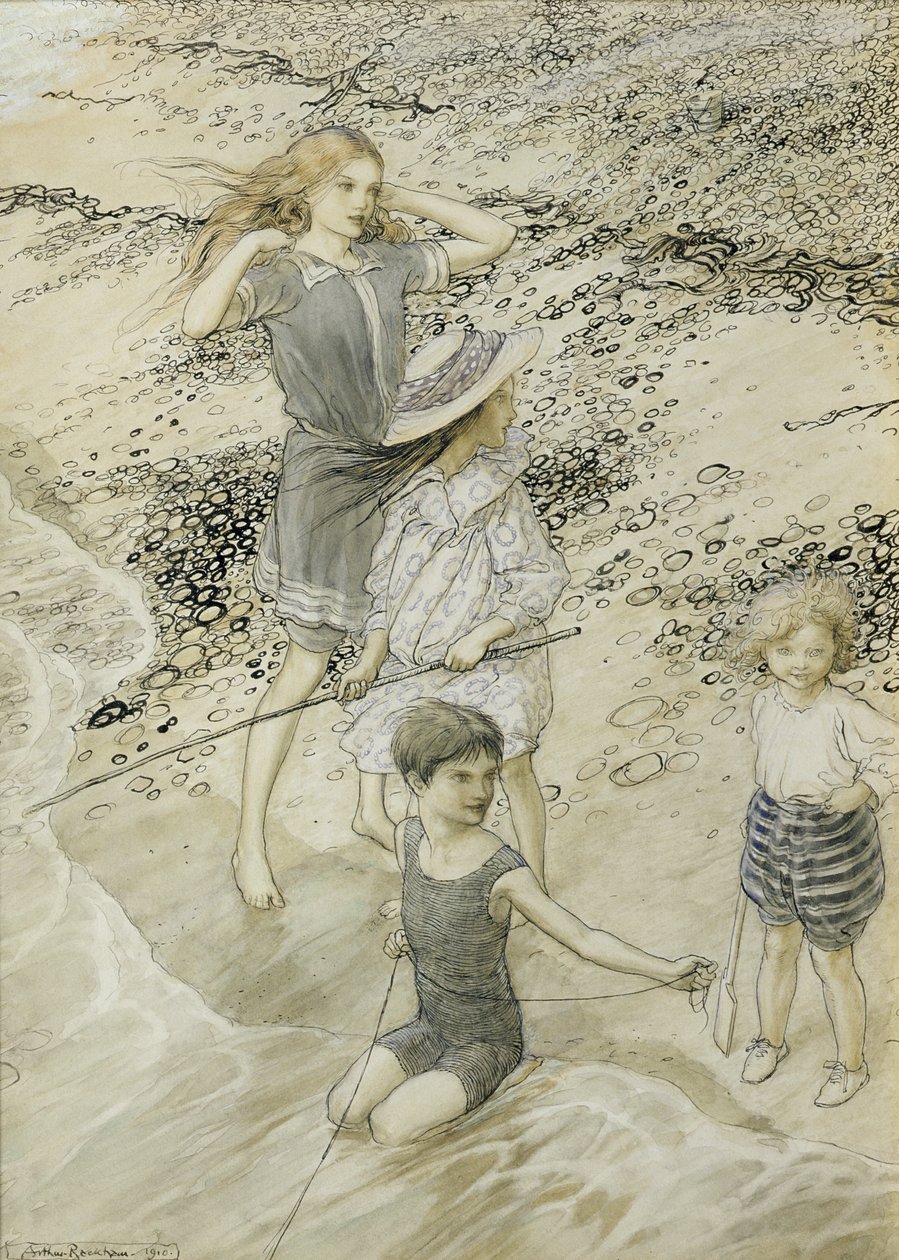 Čtyři děti na pobřeží, 1910 od Arthur Rackham