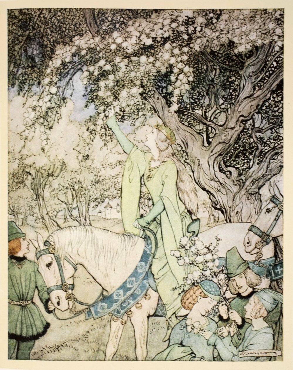 Jak královna Guenever jela a-maying do lesů a polí vedle Westminsteru, ilustrace z „Romantika krále Artuše a jeho rytířů kulatého stolu“ od Alfreda W. Pollarda, 1910 (barevná lit. od Arthur Rackham