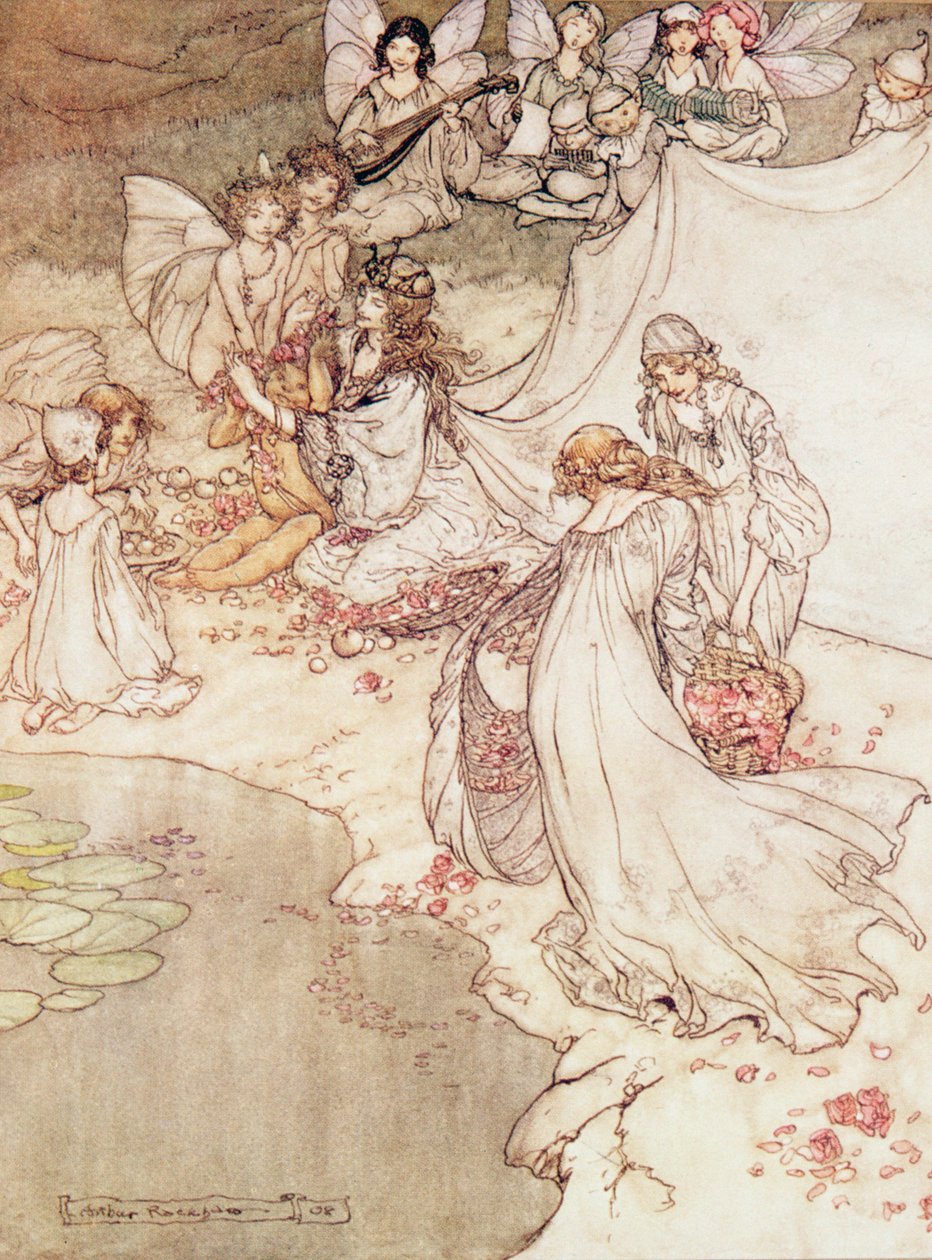 Ilustrace pro pohádku, královna víly pokrývající dítě s květem od Arthur Rackham