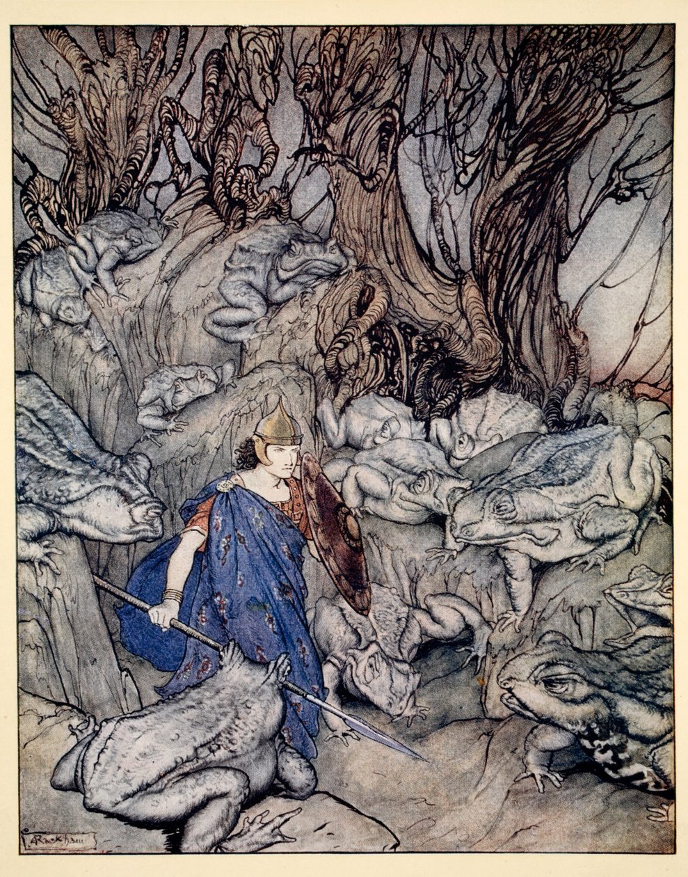 V rozeklané rokli, do které za soumraku vklouzl, ho obklopily obří ropuchy, ilustrace z „Irských pohádek“ od Jamese Stephense, 1920 od Arthur Rackham