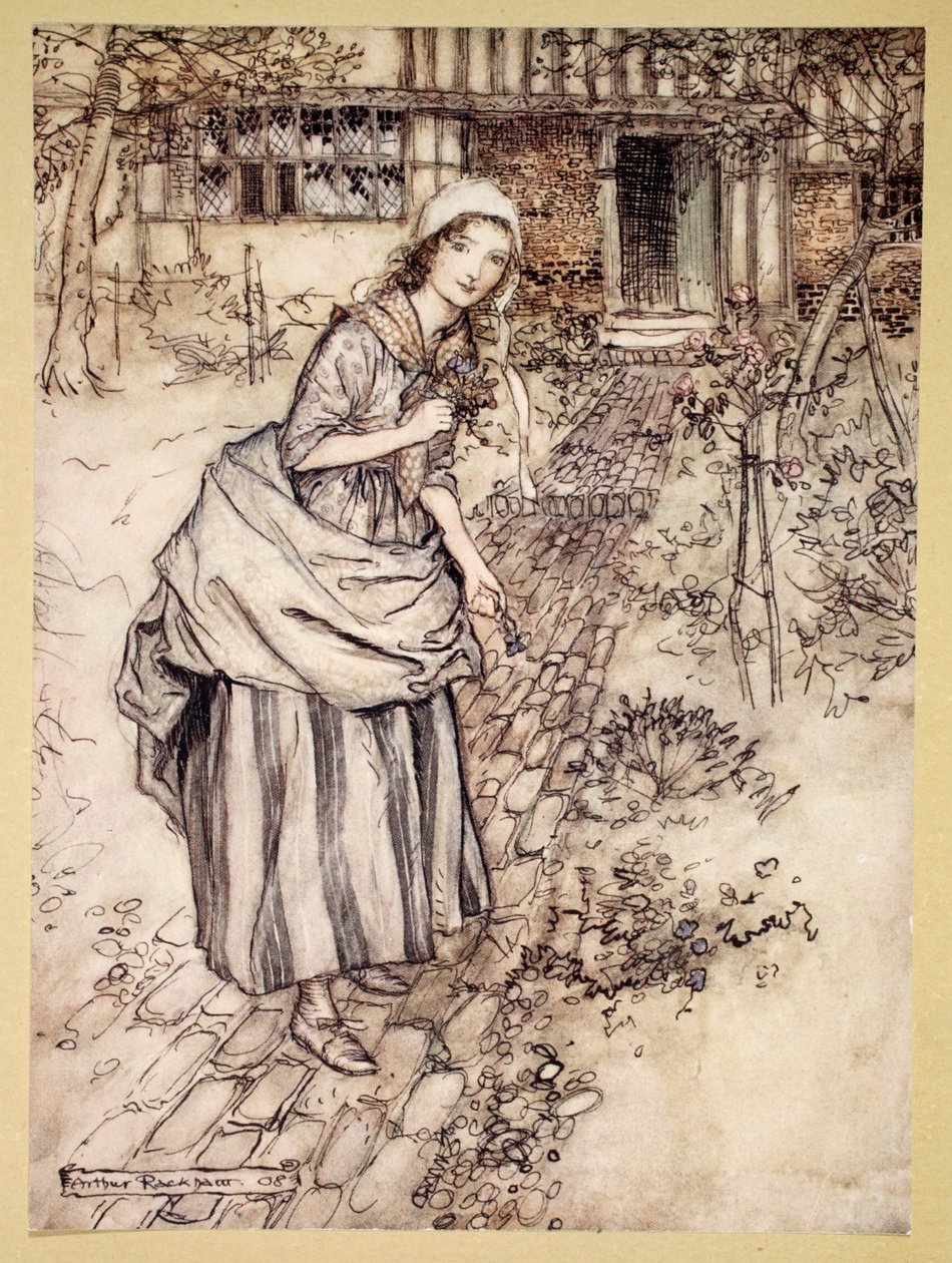 Maidens tomu říkají láska v nečinnosti, ilustrace ze „Snu nocí svatojánských“ od Williama Shakespeara, 1908 od Arthur Rackham