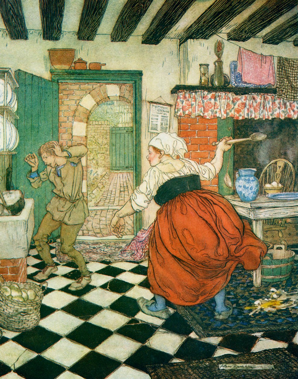 Mnoho bití, které měl od koštěte nebo naběračky, ilustrace Dicka Whittingtona a jeho kočky, z anglických pohádek převyprávěných F.A. Steelem, 1927 od Arthur Rackham