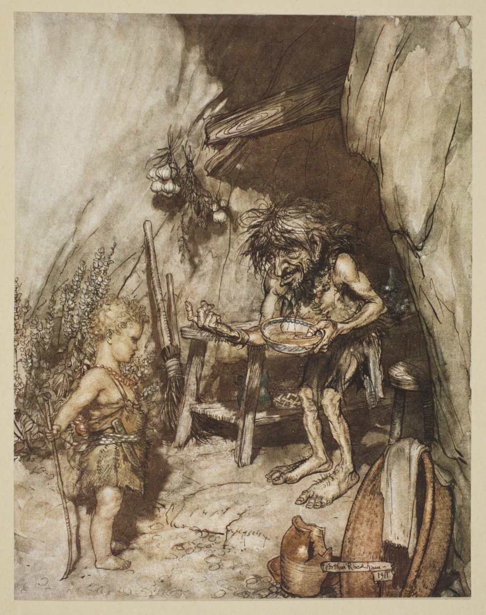 Mim a nemluvně, ilustrace z filmu "Siegfried a soumrak bohů", 1924 od Arthur Rackham